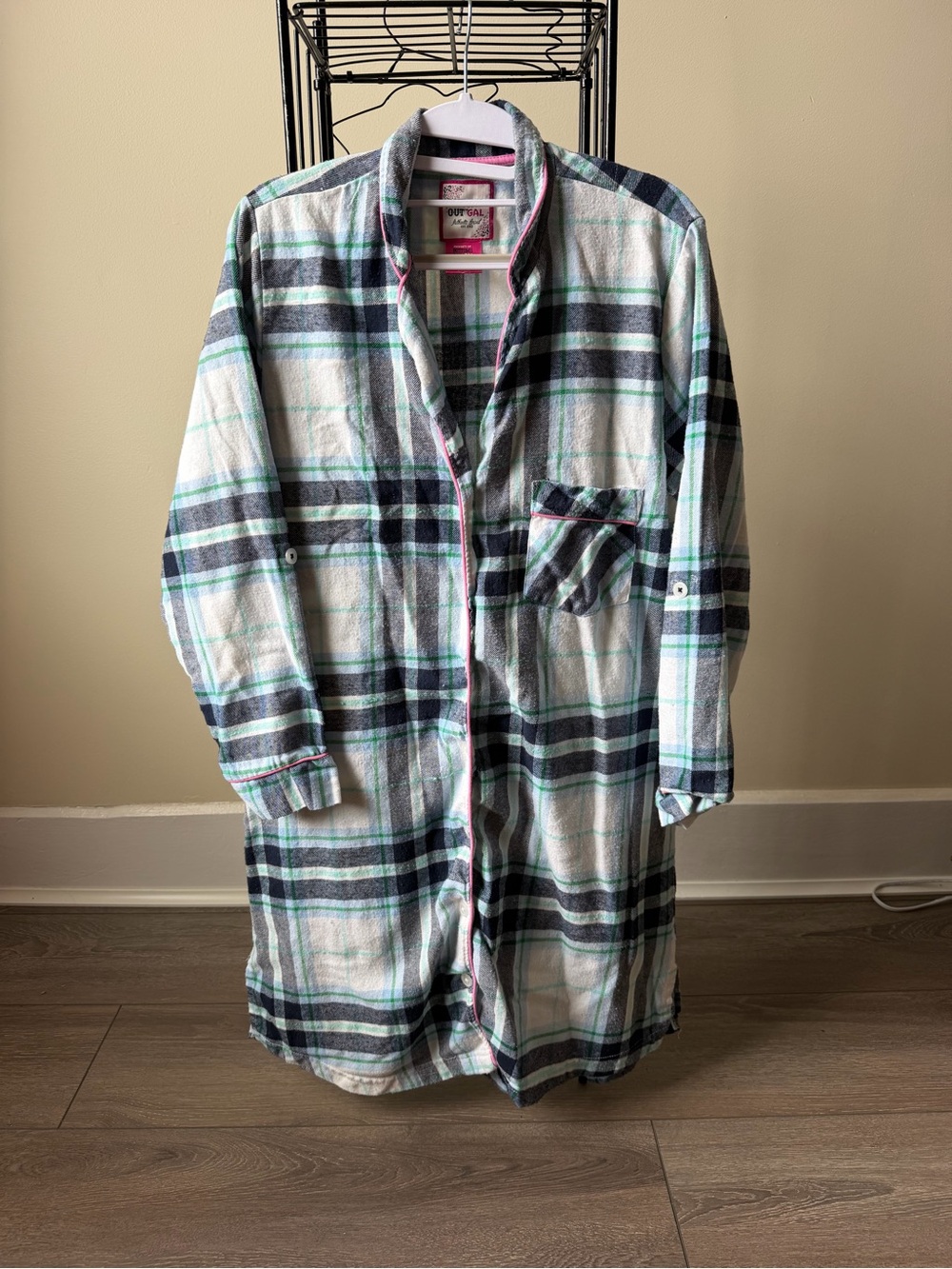 Bottoms Out Gal Plaid Flannel Sleep Shirt Nightgown Size L Pink Trim